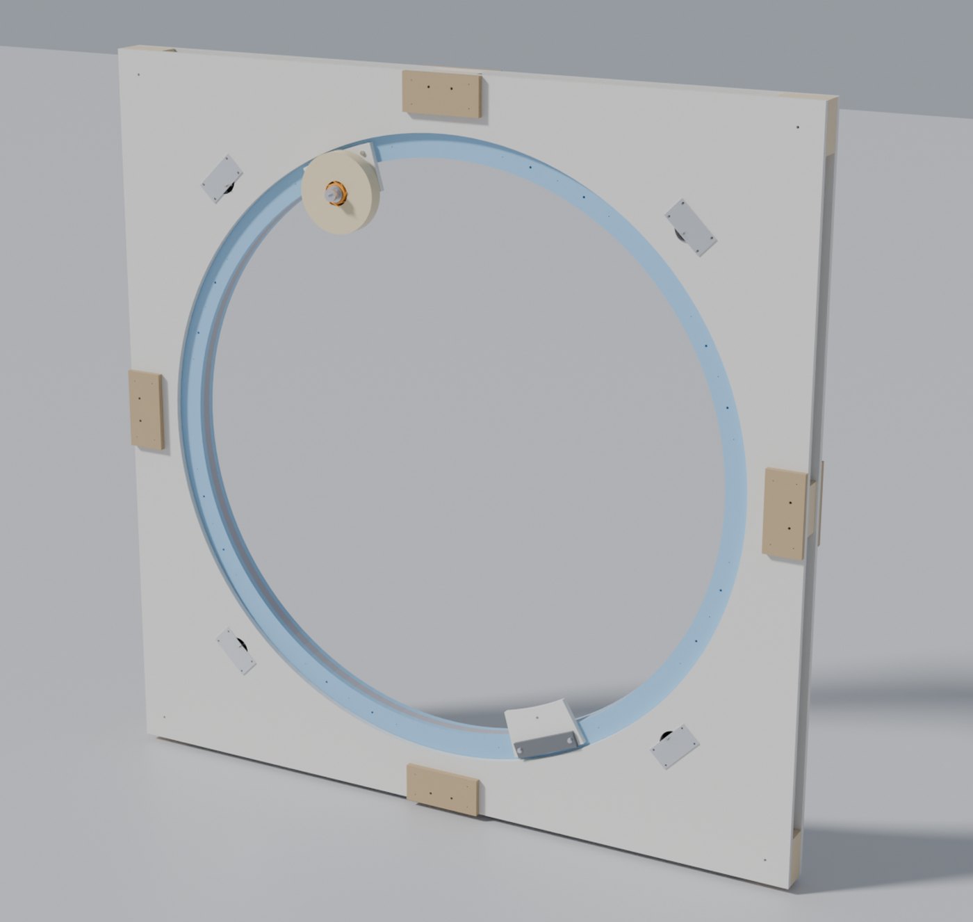 A computer rendering of a large square panel standing on edge with a circular track set into a round hole through its middle, a roll of tape mounted on the track at the top left, and small metal brackets spaced around the hole