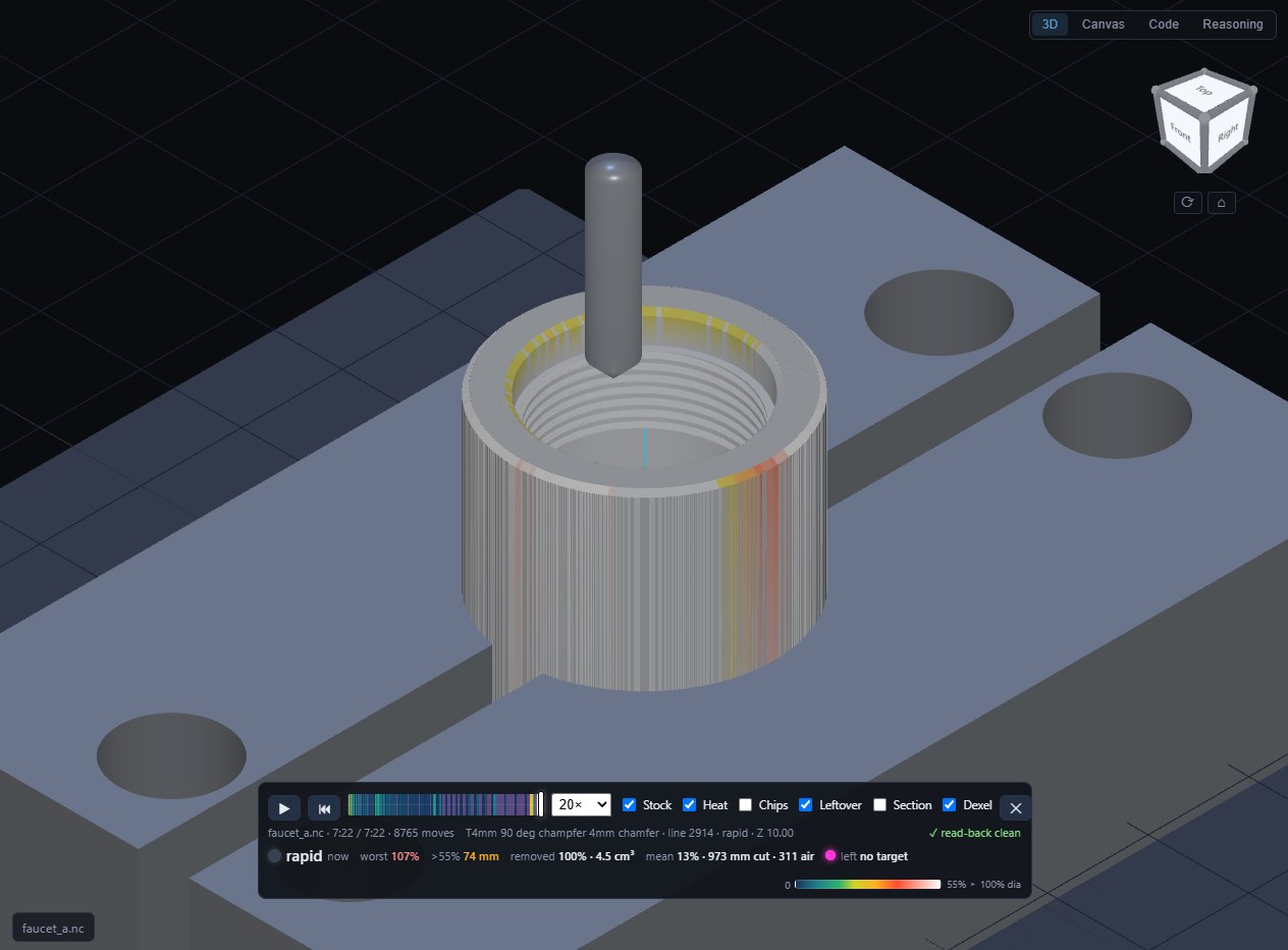 A 3D simulator view of a round boss with a threaded hole in its centre, the thread's grooves visible inside the bore, a pointed chamfer cutter raised above it, and a readout bar below reporting read-back clean